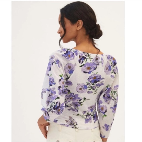 Anthropologie V-Neck Purple Floral 3/4 Puff Sleeve Blouse Top Size S NEW - Picture 3 of 11